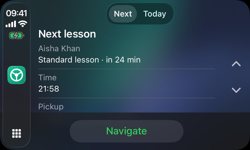 Roadworthy on CarPlay showing the next lesson with a live countdown and a Navigate button